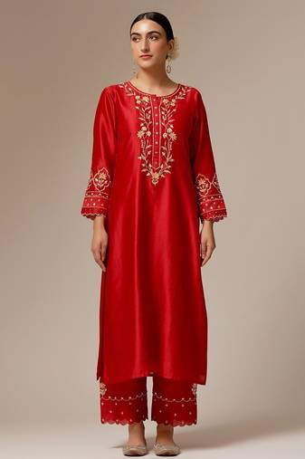 Red floral embroidered chanderi silk stitched straight kurta set with pant