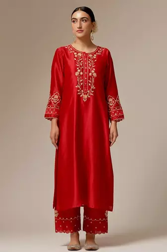 Red floral embroidered chanderi silk stitched straight kurta set with pant