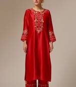Red floral embroidered chanderi silk stitched straight kurta set with pant