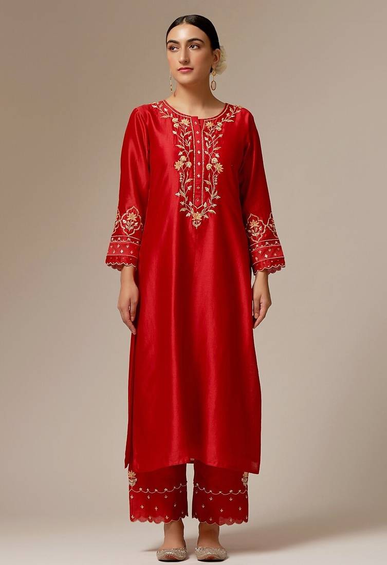 Red floral embroidered chanderi silk stitched straight kurta set with pant