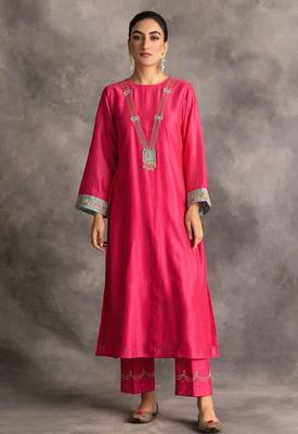 Pink floral embroidered chanderi silk stitched straight kurta set with pant 1