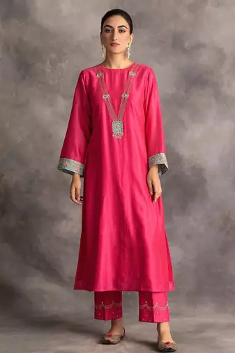 Pink floral embroidered chanderi silk stitched straight kurta set with pant