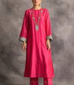 Pink floral embroidered chanderi silk stitched straight kurta set with pant