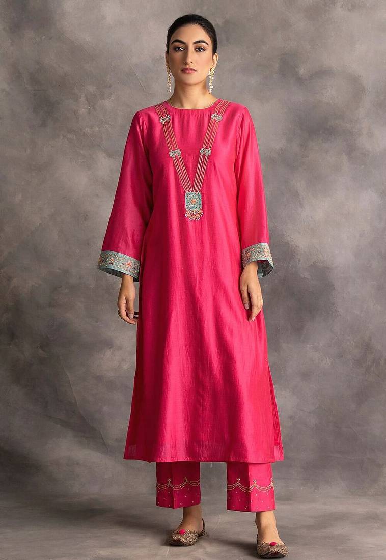 Pink floral embroidered chanderi silk stitched straight kurta set with pant