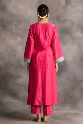Pink floral embroidered chanderi silk stitched straight kurta set with pant 2