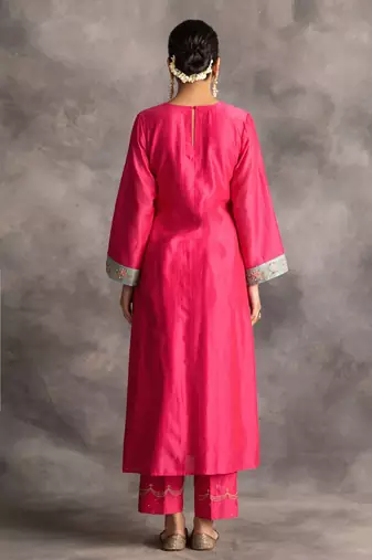 Pink floral embroidered chanderi silk stitched straight kurta set with pant