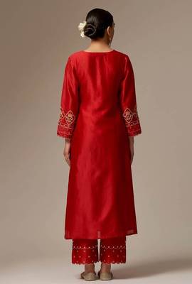 Red floral embroidered chanderi silk stitched straight kurta set with pant 2