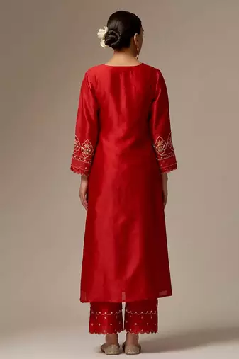 Red floral embroidered chanderi silk stitched straight kurta set with pant