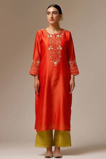 Orange floral embroidered chanderi silk stitched straight kurta set with pant