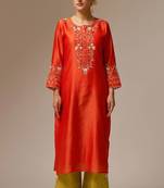 Orange floral embroidered chanderi silk stitched straight kurta set with pant