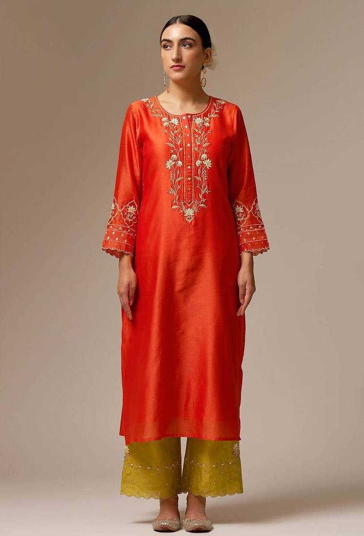 Orange floral embroidered chanderi silk stitched straight kurta set with pant