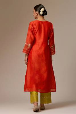 Orange floral embroidered chanderi silk stitched straight kurta set with pant 2