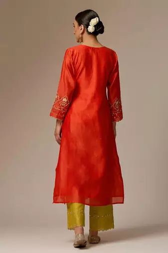 Orange floral embroidered chanderi silk stitched straight kurta set with pant