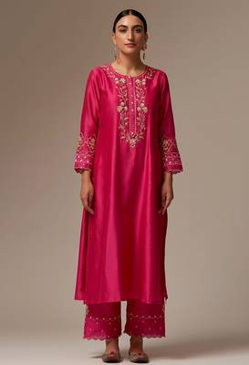 Pink floral embroidered chanderi silk stitched straight kurta set with pant 1