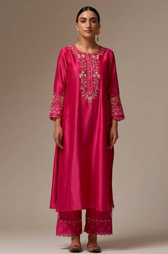 Pink floral embroidered chanderi silk stitched straight kurta set with pant