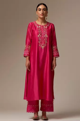 Pink floral embroidered chanderi silk stitched straight kurta set with pant