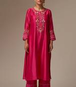 Pink floral embroidered chanderi silk stitched straight kurta set with pant