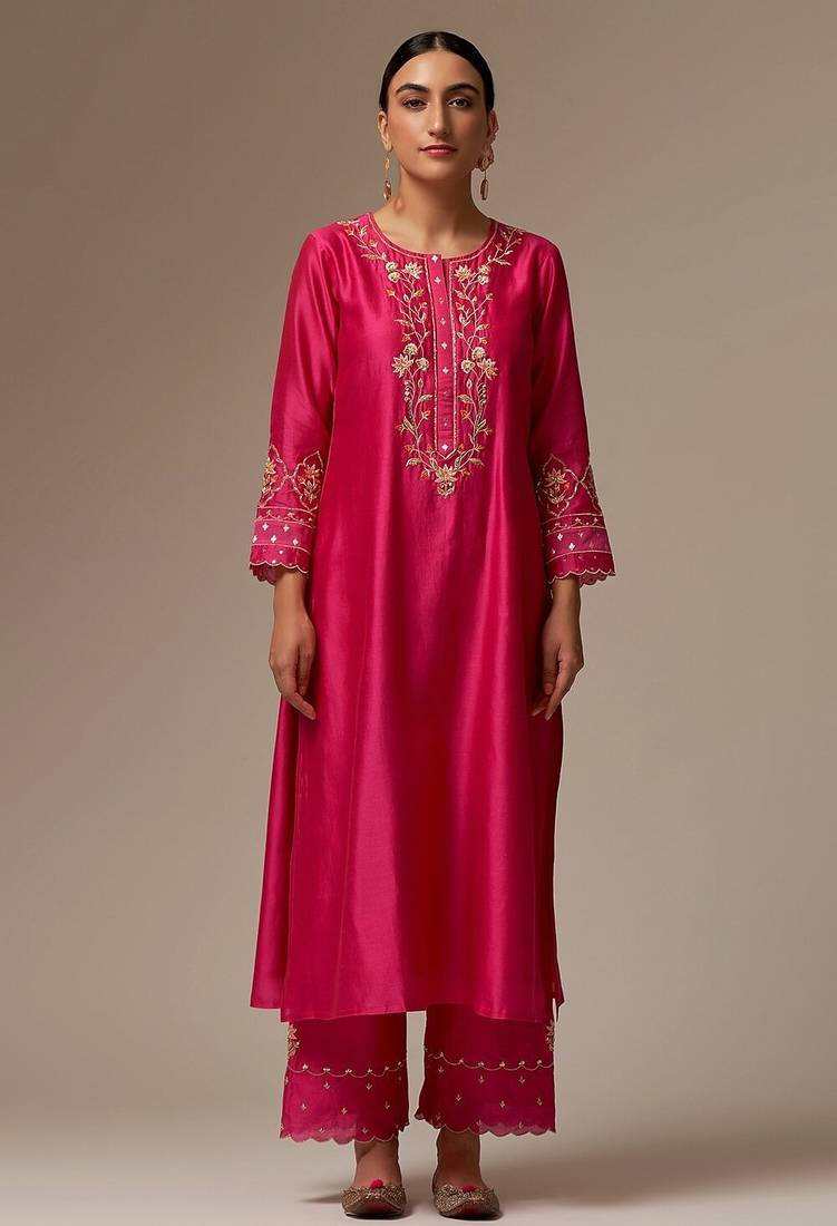 Pink floral embroidered chanderi silk stitched straight kurta set with pant