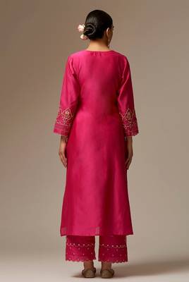 Pink floral embroidered chanderi silk stitched straight kurta set with pant 2