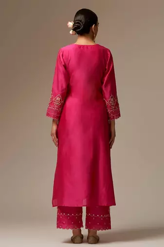 Pink floral embroidered chanderi silk stitched straight kurta set with pant