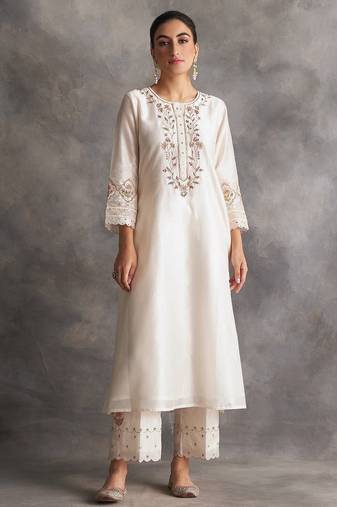 White floral embroidered chanderi silk stitched straight kurta set with pant