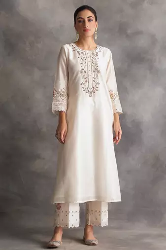 White floral embroidered chanderi silk stitched straight kurta set with pant
