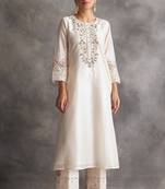 White floral embroidered chanderi silk stitched straight kurta set with pant