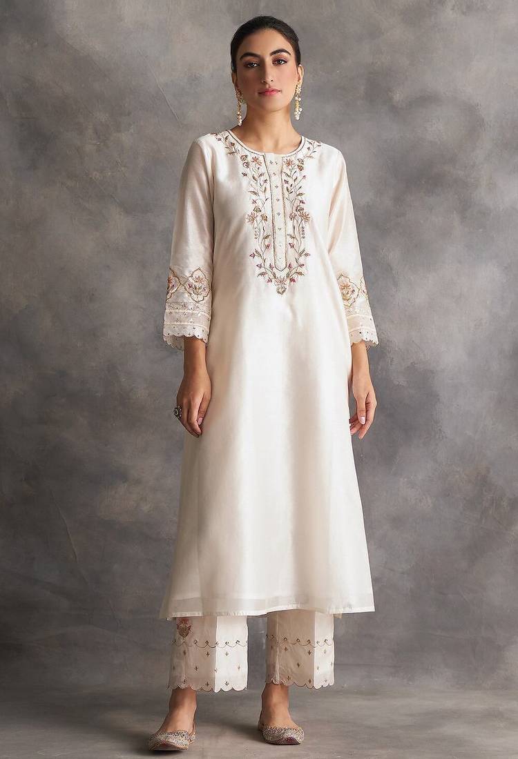 White floral embroidered chanderi silk stitched straight kurta set with pant