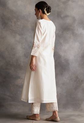 White floral embroidered chanderi silk stitched straight kurta set with pant 2