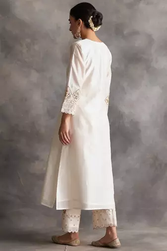 White floral embroidered chanderi silk stitched straight kurta set with pant