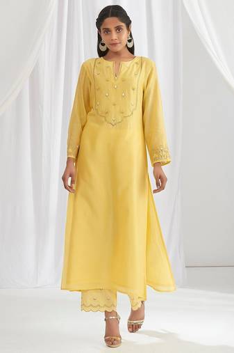 Yellow floral embroidered chanderi silk stitched straight kurta set with pant
