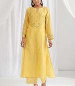 Yellow floral embroidered chanderi silk stitched straight kurta set with pant