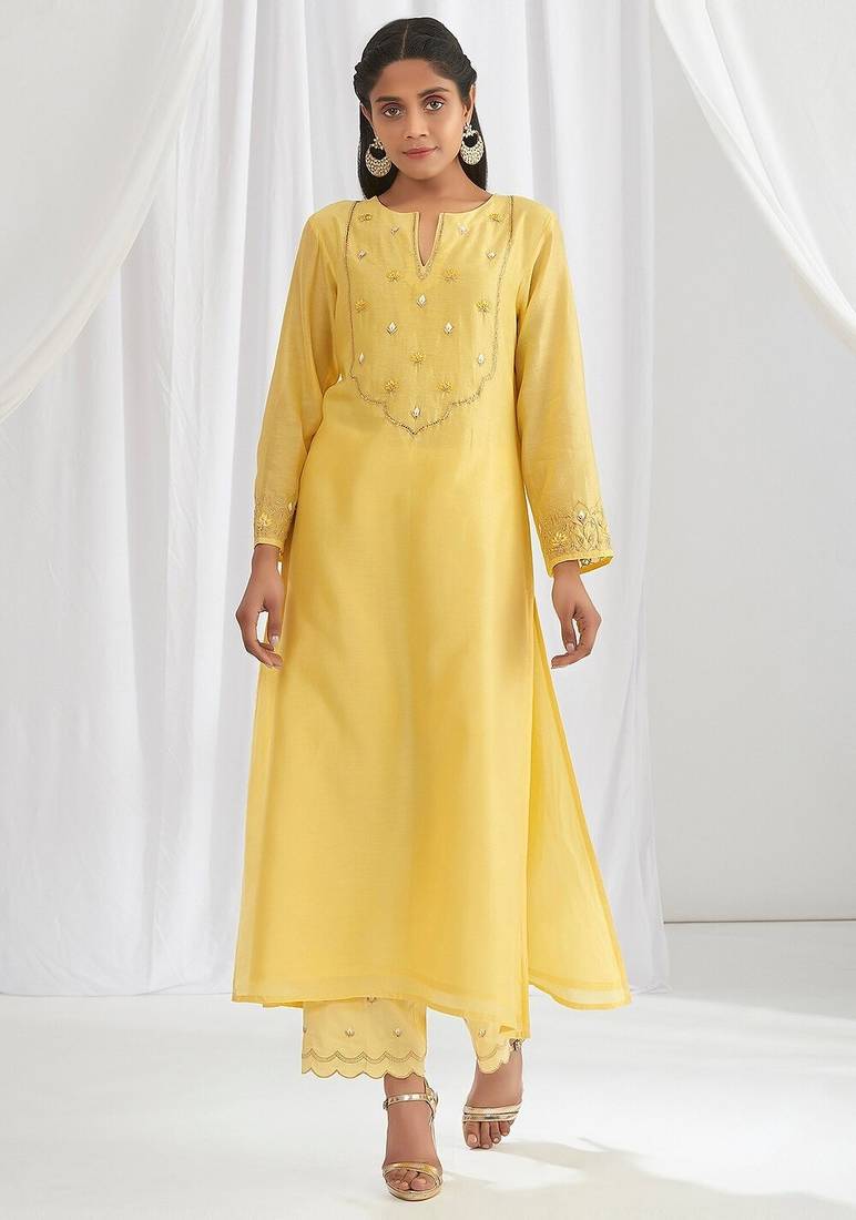 Yellow floral embroidered chanderi silk stitched straight kurta set with pant