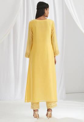 Yellow floral embroidered chanderi silk stitched straight kurta set with pant 2