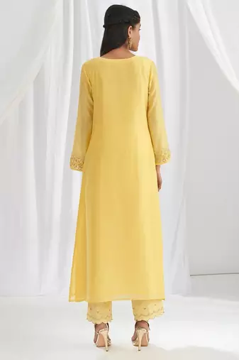 Yellow floral embroidered chanderi silk stitched straight kurta set with pant