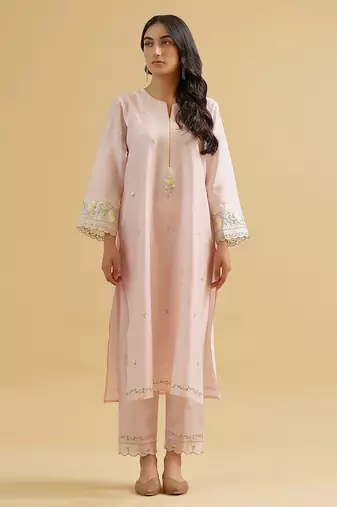 Light-pink floral embroidered chanderi silk stitched straight kurta set with pant