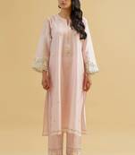 Light-pink floral embroidered chanderi silk stitched straight kurta set with pant