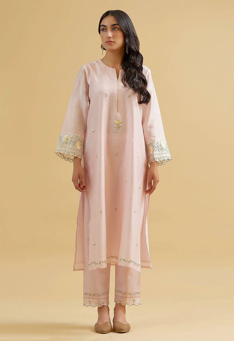 Light-pink floral embroidered chanderi silk stitched straight kurta set with pant