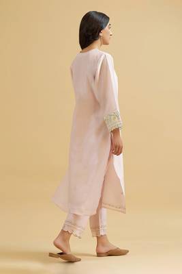 Light-pink floral embroidered chanderi silk stitched straight kurta set with pant 2