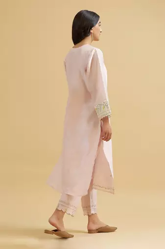 Light-pink floral embroidered chanderi silk stitched straight kurta set with pant