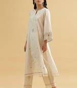 Off-white floral embroidered chanderi silk stitched straight kurta set with pant