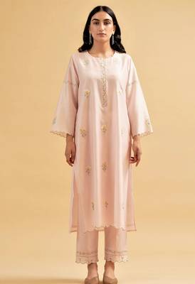 Light-pink floral embroidered chanderi silk stitched straight kurta set with pant 1