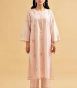 Light-pink floral embroidered chanderi silk stitched straight kurta set with pant