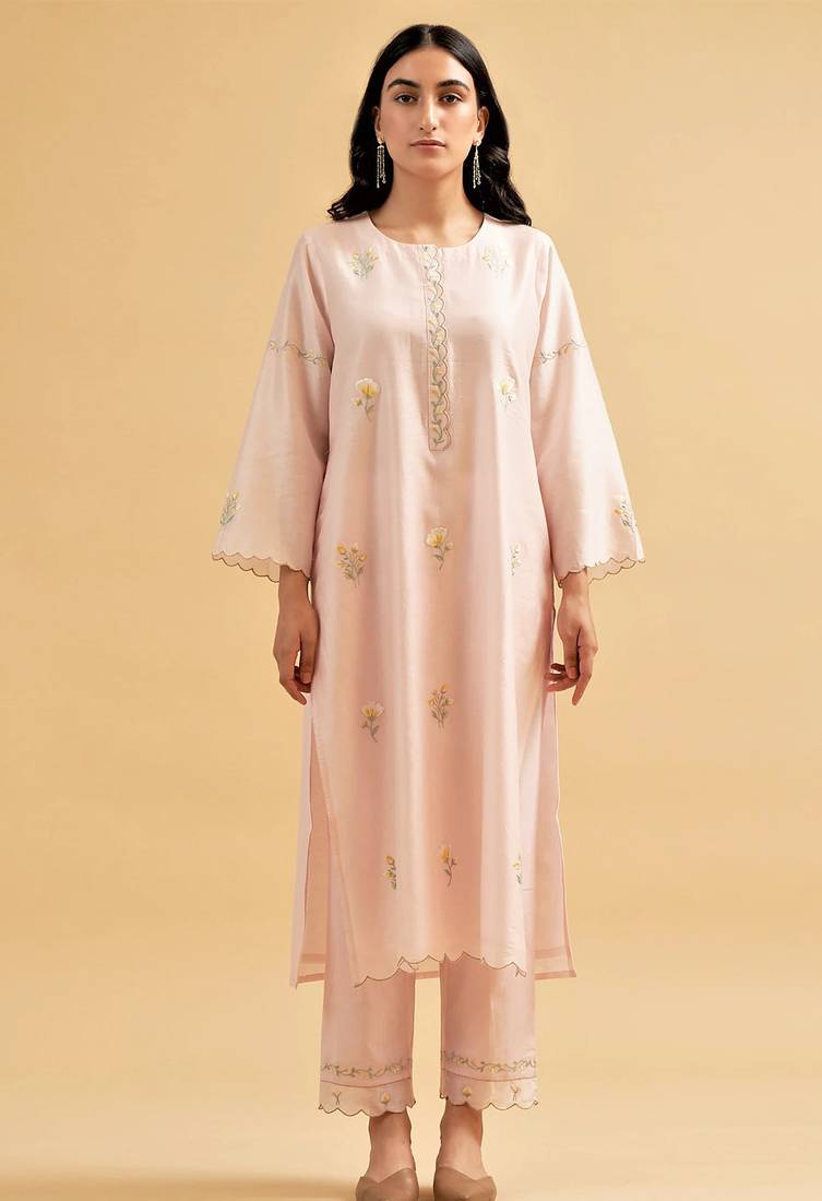 Light-pink floral embroidered chanderi silk stitched straight kurta set with pant