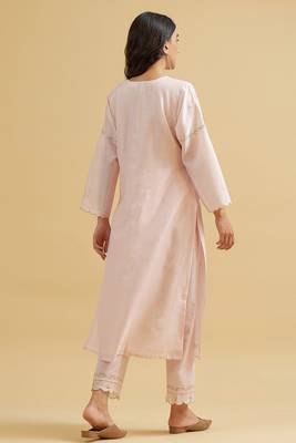 Light-pink floral embroidered chanderi silk stitched straight kurta set with pant 2