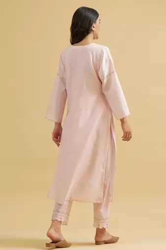 Light-pink floral embroidered chanderi silk stitched straight kurta set with pant
