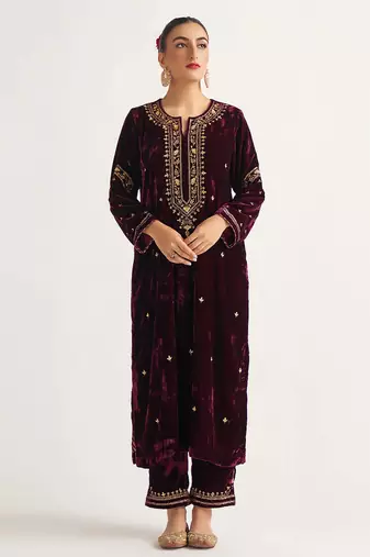 Wine zari & sequins embroidered velvet stitched straight kurta set with pant