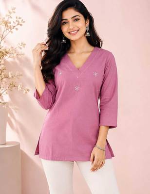 Pink cotton embroidered short kurti 1