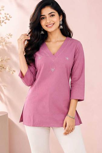 Pink cotton embroidered short kurti