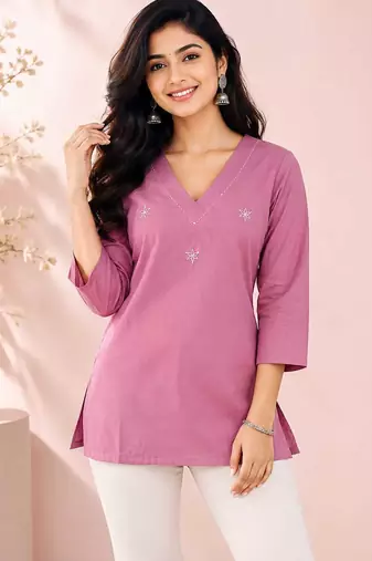Pink cotton embroidered short kurti